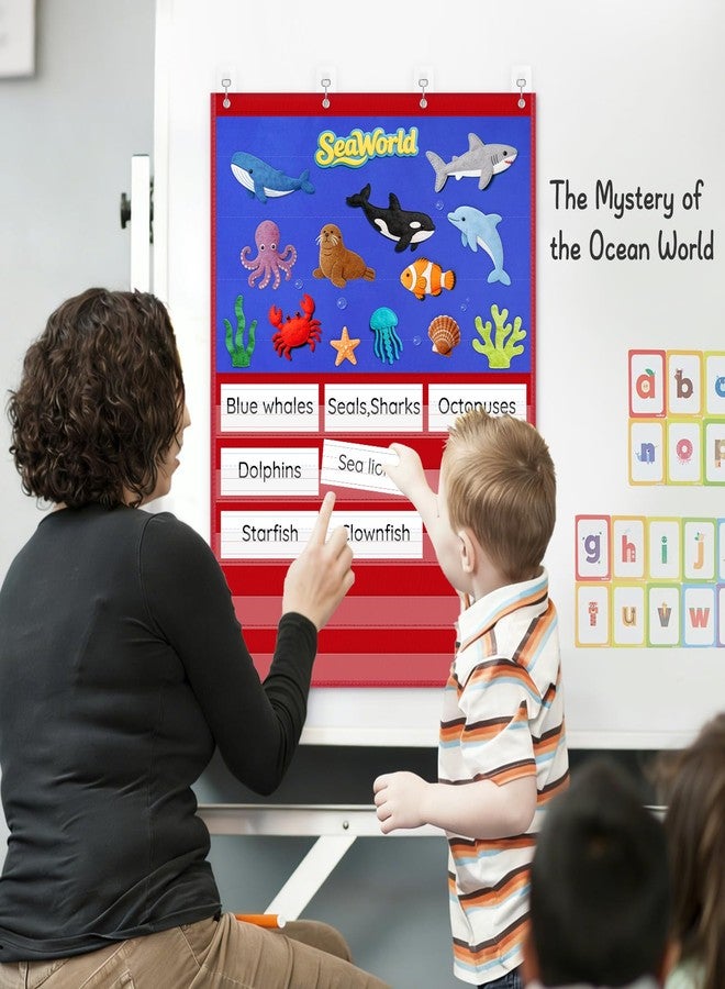 AUVCAS Felt Board Pocket Chart, Flannel Board with Clear 5 Pockets for Classroom and Home, Interactive Storytelling/Learning Activities/language learning for Kids, Include Dry-Erase Sentence Strips & Magic Hooks, 37.5”H x 27.8”W. - Image 2